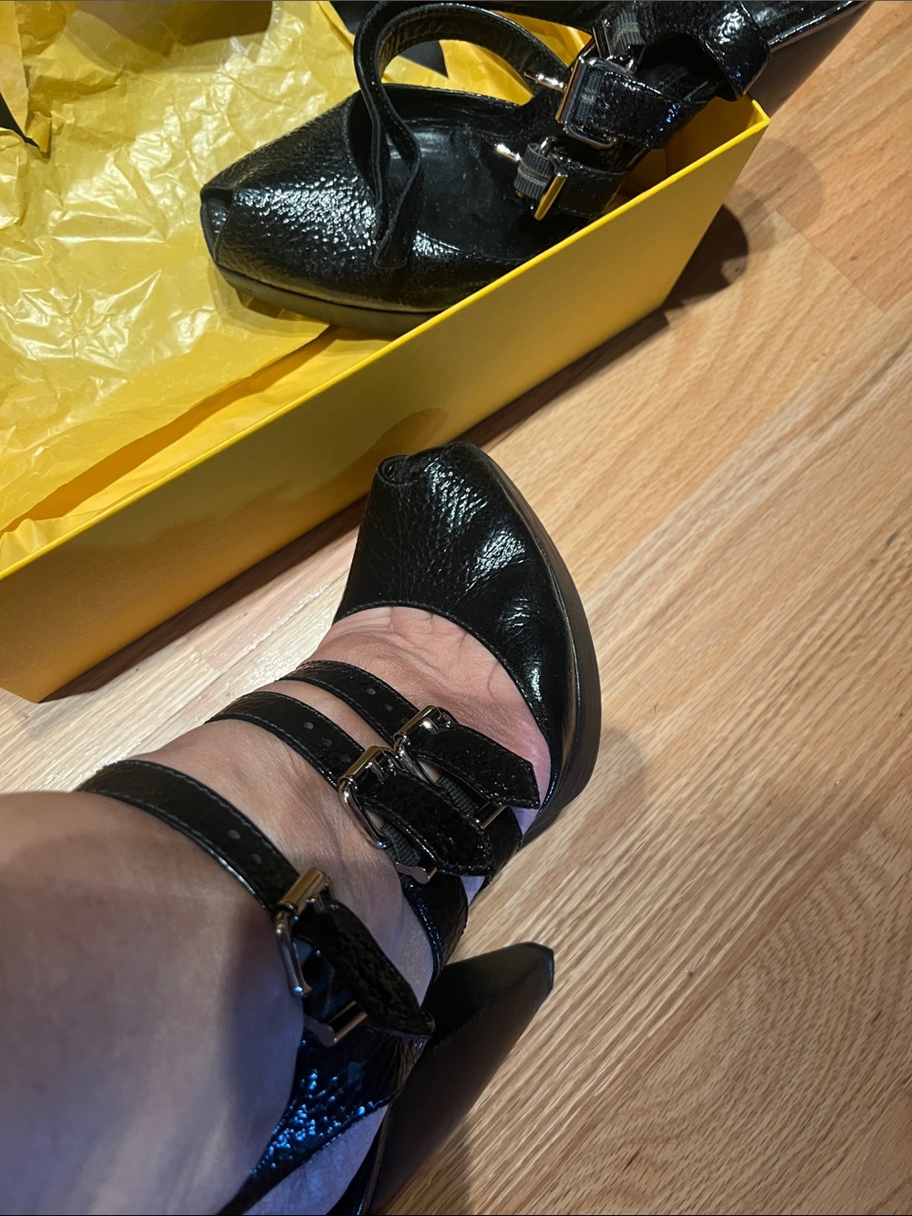 Fendi Black Patent Triple-Strap Peep-Toe Heels